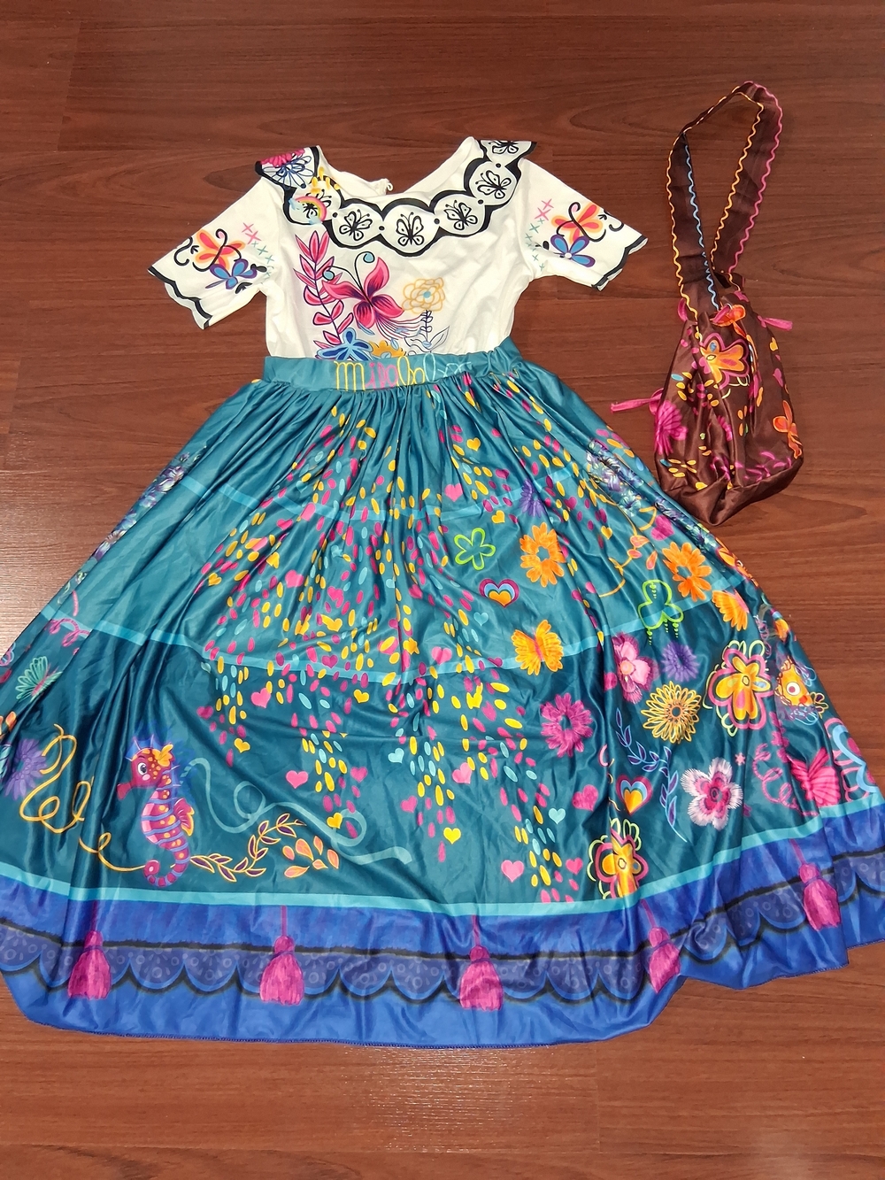 Encanto Maribel Girls' Teal Floral A-Line Dress with White Bodice With Purse